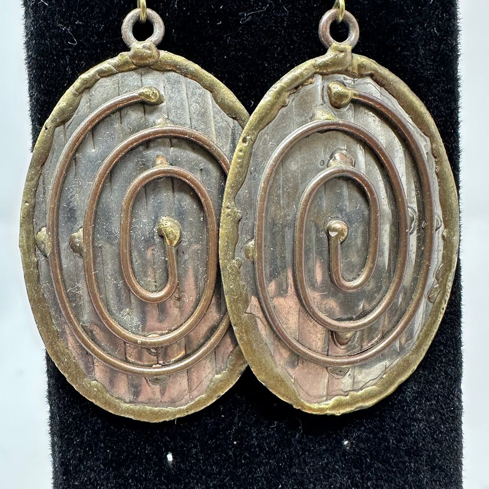 Vintage Silver Tone Metal + Brass Spiral Drop Earrings Ovals - Picture 4 of 4